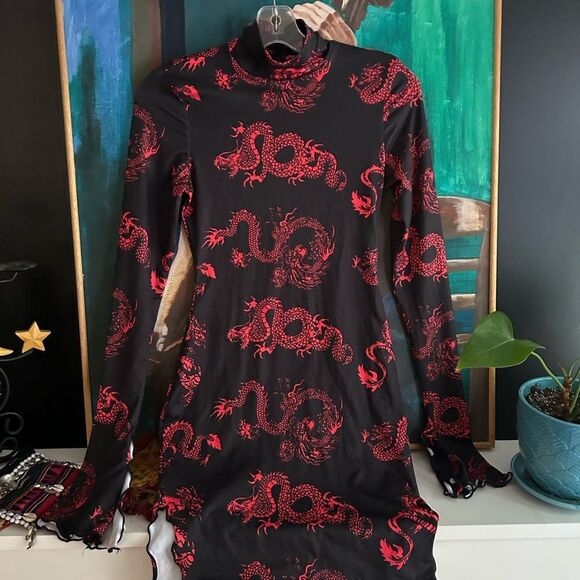 SHEIN Black and Red Dragon Print Midi Dress XS - Picture 6 of 15